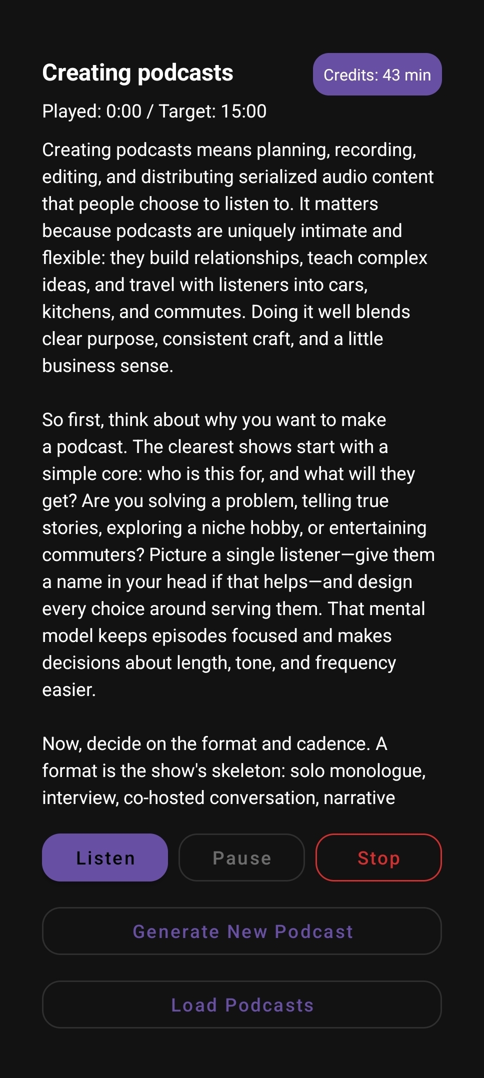 Generated podcast script with playback controls