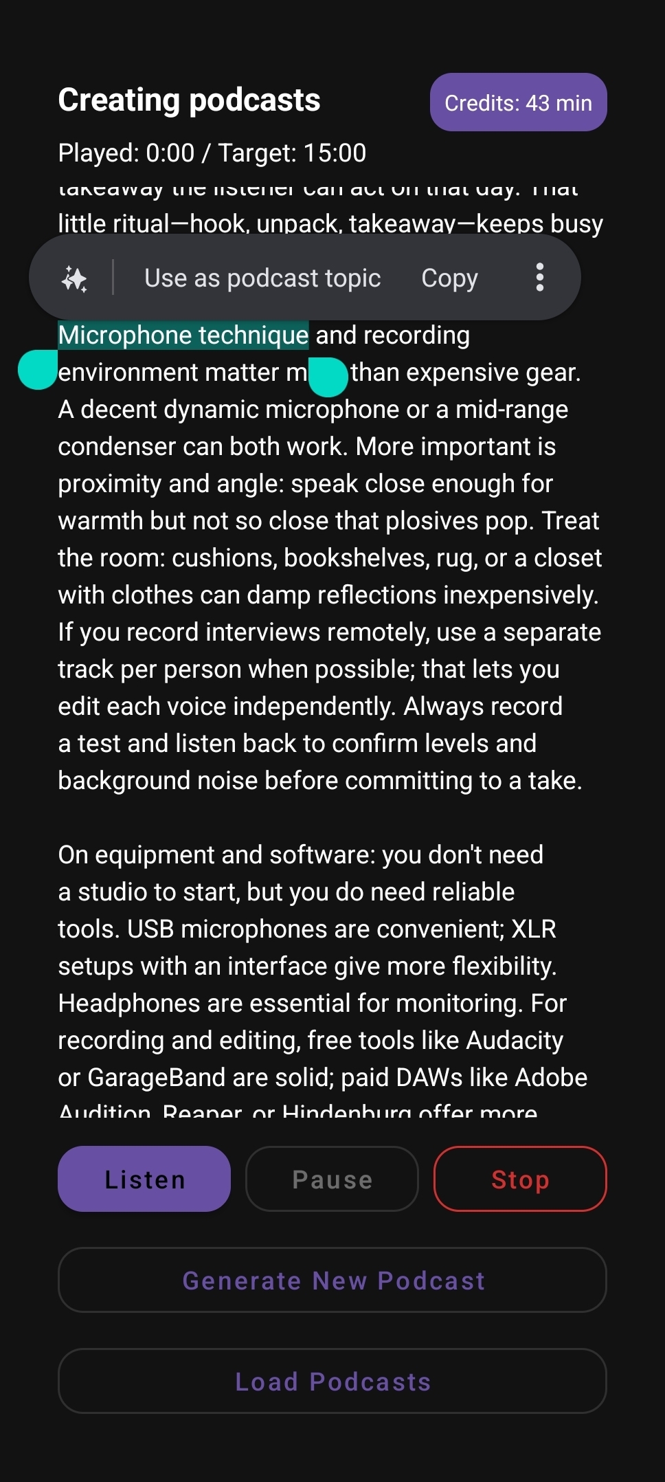 Select text to generate a subtopic episode